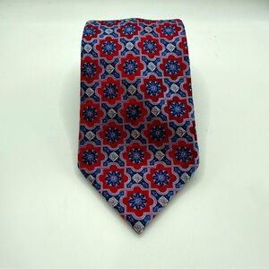 DANIEL‎ DE FASSON Handmade 100% Silk Tie Men's Red Blue Geometric Necktie